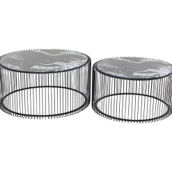 KARE Design Tables Basses|Table Basse Wire Noir/Verre Décor Marbre (2/Set)