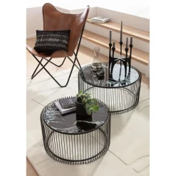 KARE Design Tables Basses|Table Basse Wire Noir/Verre Décor Marbre (2/Set)